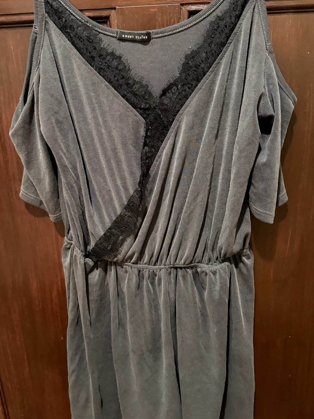 Sweet Claire Gray Cold-Shoulder looking Jumpsuit with Black Lace Trim